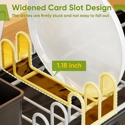 VUSIGN Small Dish Drying Rack with Drain, Compact Dish Rack, Slim Dish Drainers for Kitchen Counter, Extendable Spout Strainers with Removable Utensil Holder, Space Saving, Black