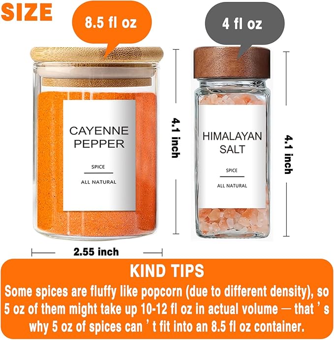 12 Pcs Glass Spice Jars with Bamboo Airtight Lids and 191 Labels - 8.5oz Small Food Storage Containers for Kitchen, Seasoning, Coffee, Herb - Spoon and Marker Included