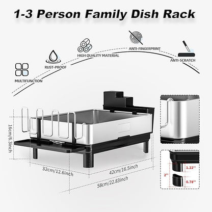 Ewaiira Dish Drying Rack, 304 Stainless Steel Dish Racks for Kitchen Counter, Dish Drainers with Automatic Drainage, Utensil Holder & Cups Holder, Space Saving Kitchen Organizer, Black