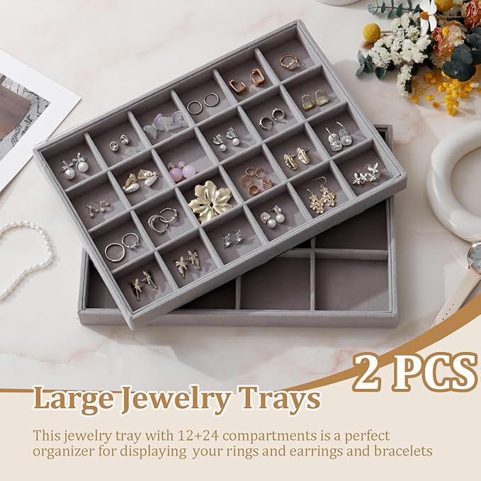 KATISYIO Large Velvet Jewelry Tray 2 Pack Stackable Jewelry Display Drawer Inserts Trays Organizer for Earring Bracelet Necklace Ring (Gray, 12 Grids+24 Grids)