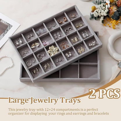 KATISYIO Large Velvet Jewelry Tray 2 Pack Stackable Jewelry Display Drawer Inserts Trays Organizer for Earring Bracelet Necklace Ring (Gray, 12 Grids+24 Grids)