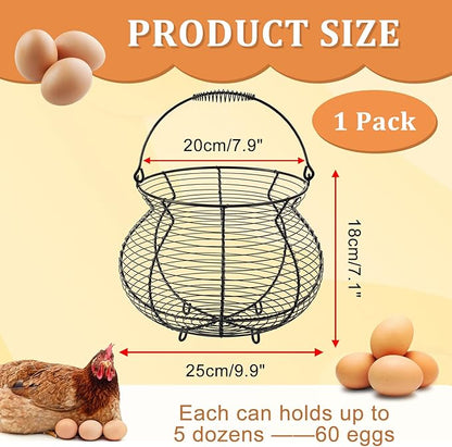 1 PCS Black Big Belly Wire Egg Baskets for Fresh Egg With Handle, Small Metal Wire Basket for Gathering Fresh Chicken and Duck Eggs, Hunting Basket Egg Holder Countertop