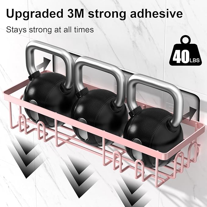 Getsrichfc 2025 New Adhesive Shower Caddy, Shower Shelves with 16 Hooks, Pink 2 Pack