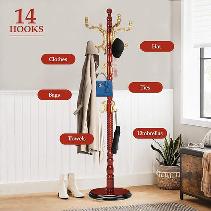 Wood Coat Rack Freestanding, Natural Coats Tree Stand with 14 Hooks, 73" Sturdy and Easy Assembly Coat Rack Stand for Entryway, Hallway, Bedroom, Bags, Hats (Heavy-duty Disc Base, Golden)