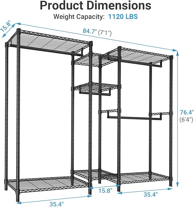 VIPEK Classic V6 Plus Wire Garment Rack Heavy Duty Clothing Rack for Hanging Clothes, Metal Freestanding Closet Wardrobe Rack Portable Clothes Rack, 84.7" L x 15.8" W x 76.4" H, Load 1120lbs, Black