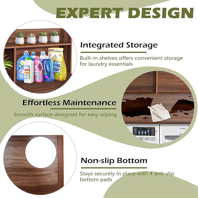 Royxen Laundry Countertop with 20" Shelf Universal Fit, Washer and Dryer Countertop with Storage Space, Laundry Room Storage (Walnut)