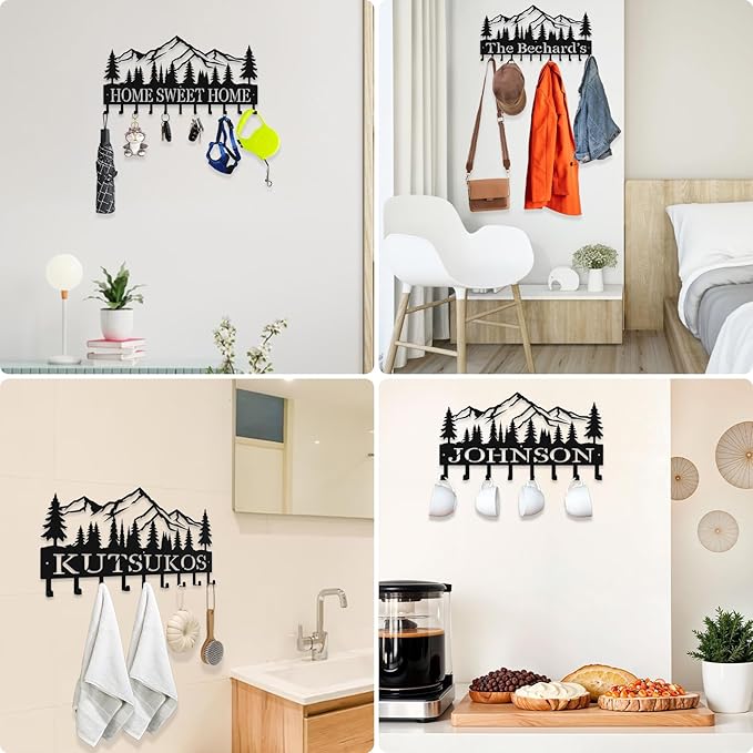 Personalized Metal Key Rack Hooks, Key Holder Wall Mounted Key Hooks, Mountain, Grove Theme Wall Decoration Hooks, Key Hanger Organizer for Living Room, Entryway, Bathroom, Office Decor