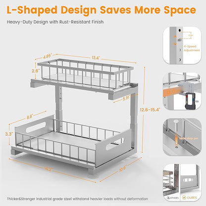 Toyear Under Sink Organizer, Heavy Duty Metal Pull Out Cabinet Organizer Slide Out Sink Shelf Organizer Height Adjustable, Multi-Purpose Storage Shelf for Kitchen Bathroom(Sliver,1Pack)