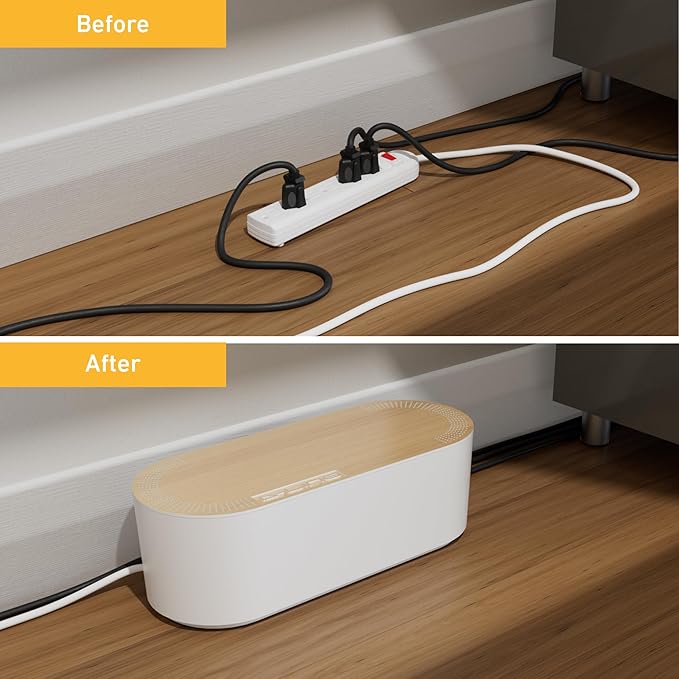 D-Line Cable Management Box, Power Strip Holder, Floor Outlet Hiders, Desk Cord Organizer, Cover TV Wires, Wire Storage, Extension Hider, Office Concealer for Cords - Large, Wood-Effect Lid