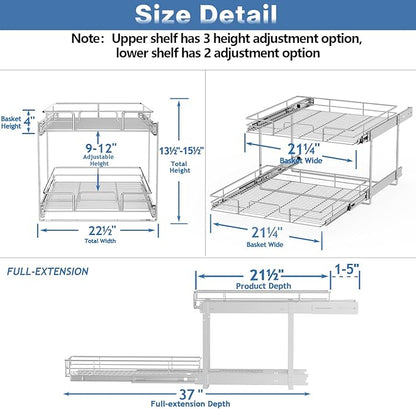 2 Tier Individual Pull Out Cabinet Organizer 22½" W x 21½" D, Heavy Duty Cabinet Pull Out Shelves, Slide Out Drawers Organization for Kitchen Cabinets Bathroom