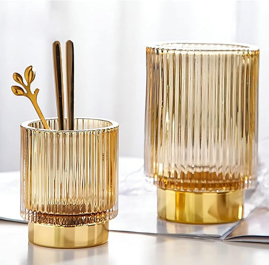 DASITON Makeup Brush holder Organizer,Crystal Cosmetic Makeup Brush Glass Brushes Storage Holder, Vintage Make Up Brush Cup Pen Pencil Holder striped vase(Coffee S＋L)
