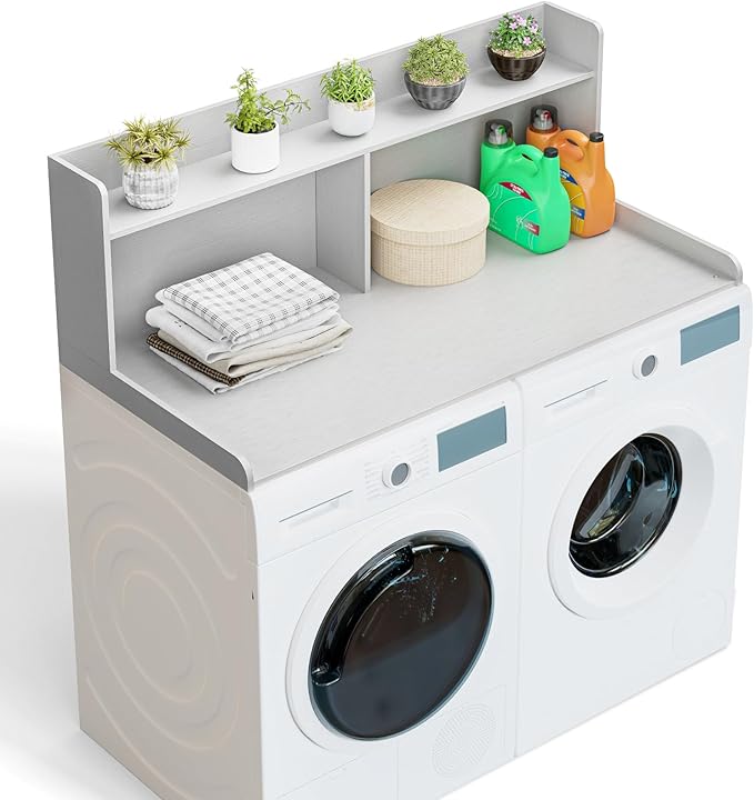 Washer Dryer Countertop with 2 Tier Shelf, 27.5" W × 54" L Laundry Wood Countertop with Edge Rails for Laundry Room Organization and Storage (White)