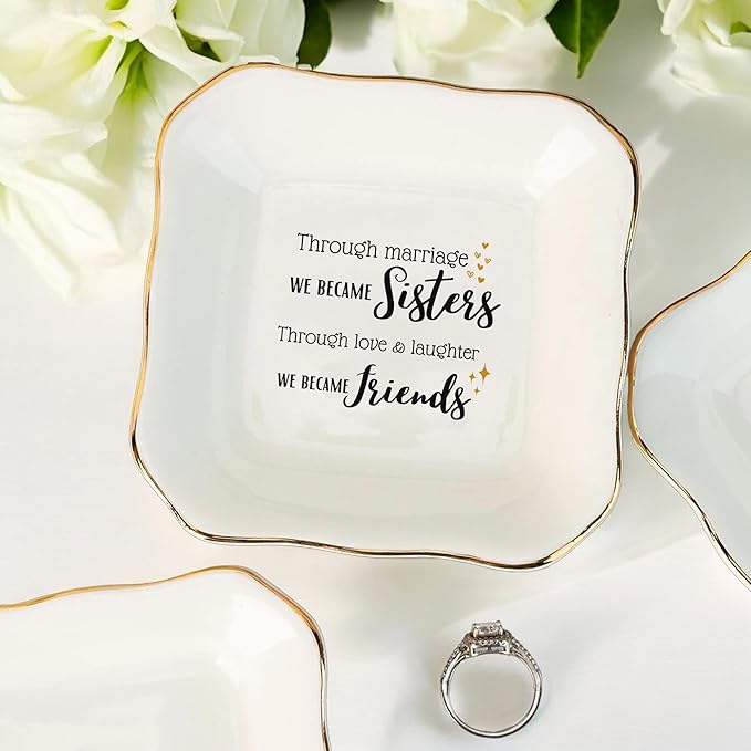 HatafaFurni Gifts for Sister In Law - Through Marriage We Became Sisters - Wedding Gifts, Christmas, Thanksgiving, Birthday Gift for Sister-in-law - Jewelry Dish, Ceramic Ring Dish, white, mil01