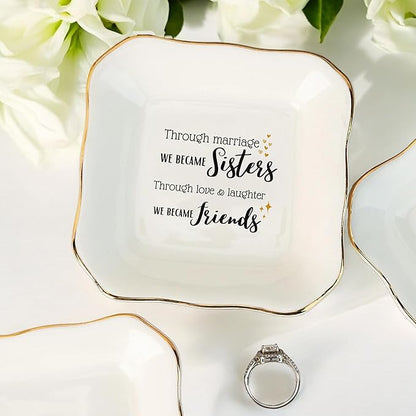 HatafaFurni Gifts for Sister In Law - Through Marriage We Became Sisters - Wedding Gifts, Christmas, Thanksgiving, Birthday Gift for Sister-in-law - Jewelry Dish, Ceramic Ring Dish, white, mil01