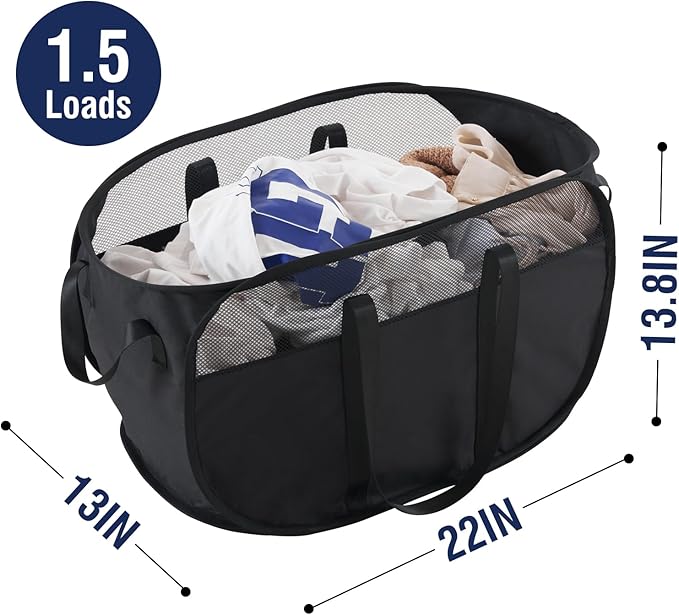 TECHMILLY Collapsible Laundry Basket, Foldable Tear Proof Mesh Pop Up Hamper with Reinforced Carry Handles for Laundry, Bathroom, Dorm or Travel (Black)