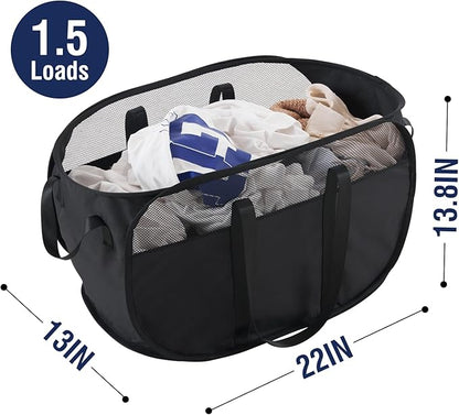 TECHMILLY Collapsible Laundry Basket, Foldable Tear Proof Mesh Pop Up Hamper with Reinforced Carry Handles for Laundry, Bathroom, Dorm or Travel (Black)