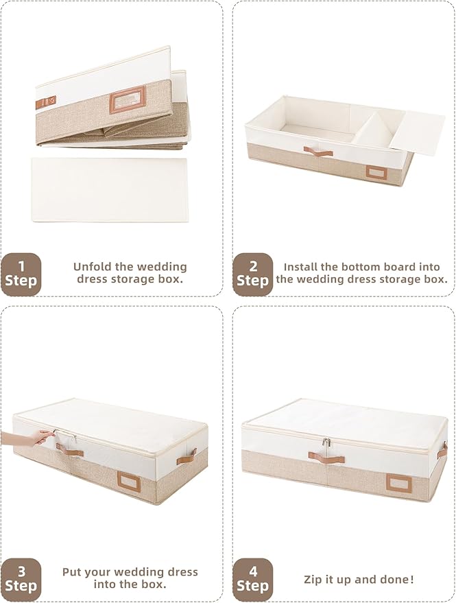 Coorganisers Wedding Dress Storage Box, Large Wedding Dress Preservation Box with 5 Cedar Wood Blocks, 30 Sheets of Acid-Free Tissue Paper, Microfiber Gloves, and Dust-Proof Bag-Beige&Linen Color