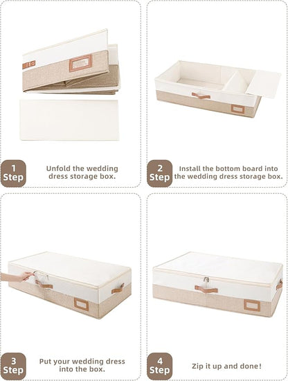 Coorganisers Wedding Dress Storage Box, Large Wedding Dress Preservation Box with 5 Cedar Wood Blocks, 30 Sheets of Acid-Free Tissue Paper, Microfiber Gloves, and Dust-Proof Bag-Beige&Linen Color