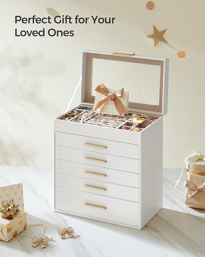 SONGMICS Jewelry Box Organizer with Glass Lid, 6-Layer Jewelry Storage, with 5 Drawers, Modern Style, 6.4 x 9.9 x 11.4 Inches, Cloud White and Gold Color UJBC171W01