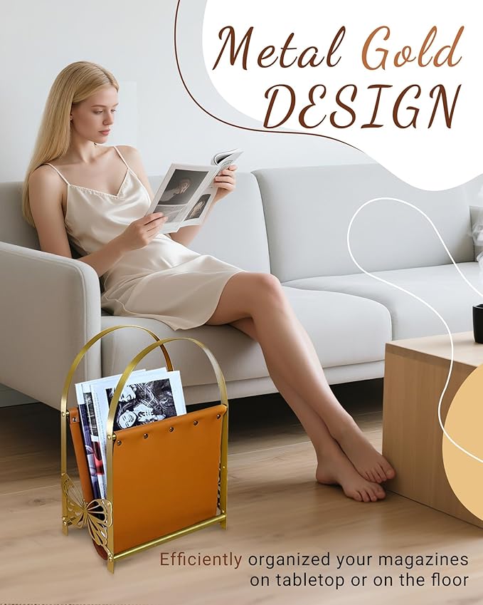 Aocii Magazine Holder, Artificial Leather Magazine Rack Floor with Golden Butterfly Hardware & Antique Brass Buckles, Bathroom Magazine Rack, Magazine Organizer for Floor Standing Home Decor