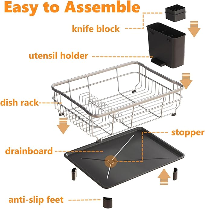 AIDERLY Stainless Steel Dish Drying Rack with Drainboard Dish Drainers for Kitchen Counter Extendable Spout Strainers with Utensil Holder and Knife Slots, Black