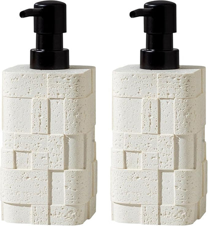 Haocoott Soap Dispensers 400mL 13.5 OZ, 2 PCS Luxurious Hand Dish Lotion Shampoo Soap Dispenser Jar, Travertine Stone Look Soap Pump Bottles for Kitchen Bathroom Countertop (White)