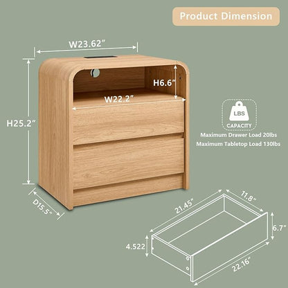 Aitjunz 25" Tall Modern Nightstand Set of 2, 23.6'' Wide Wood Bedside Table w/2 Storage Drawers, Charging Station, Mid Century End Table for Bedroom, Living Room,Curved Profile Design, Natural Oak | Modern, Set of 2, Bedside Table, 2 Storage Drawers, C...