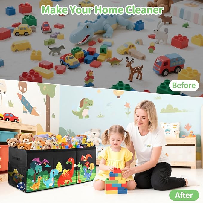 Extra Large Kids Toy Box, Foldable Toy Organizer with Dividers & Lids, 148L Dinosaur Storage Bin for Toddlers Boys Girls, Collapsible Chest for Toys, Books, Bedroom, Playroom, Nursery Black