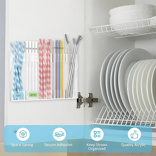 Acrylic Straw Holder for Cabinet Door, 9.5" Reusable Straws Organizer Storage Dispenser with Ultra Sticky Adhesive, Kitchen Accessories Container for Counter Cupboard (Transparent)