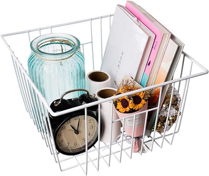 Upright Freezer Organizer Bins， Freezer Baskets for 14, 15 cu.ft Standup Freezer, Wire Storage Baskets with Built-in Handles for Frozen Foods, Snacks, Vegetables, Fruits and More, 4Pcs , White