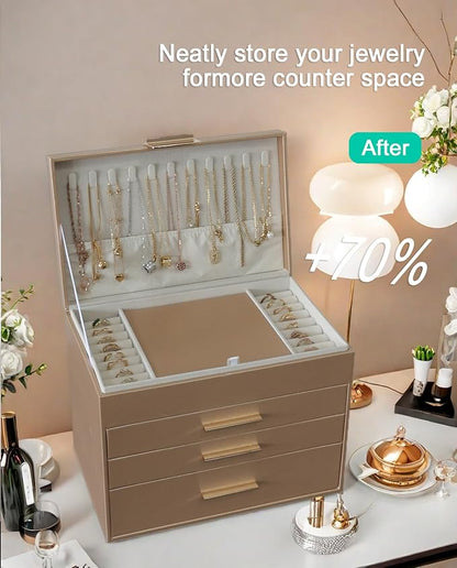 BOOVO Jewelry Boxes for Women, 5 Layer Jewelry Organizer with Necklace Hanger and Drawers, Large Jewelry Box for Earrings, Necklace and Bracelet Storage Gifts for Women and Girls (Gold, 5 Layer)