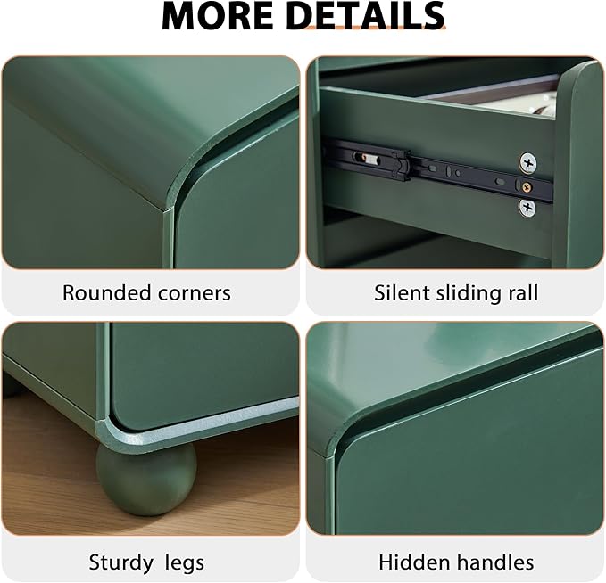 AVZEAR Small Night Stand with 2 Drawers, Mid Century Modern Nightstands with Solid Wood Legs, 2 Drawer Dresser Curved Profile Design End Table Side Table for Small Space, Dorm, Bedroom(Green)