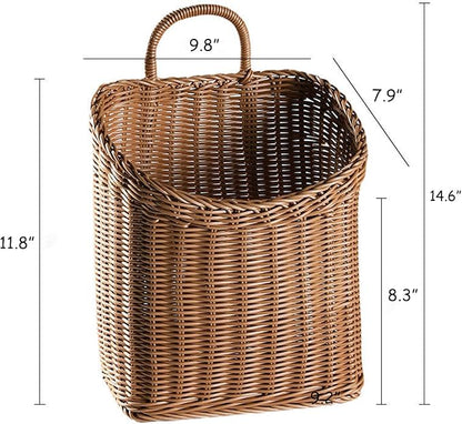 Wicker Storage Basket, Small Plastic Woven Wall Hanging Basket, for Vegetable Garlic Potato Onion Fruit Flower Storage, Hand Woven Basket for Shelves, 9.8'' x 7.9'' x 11.8''