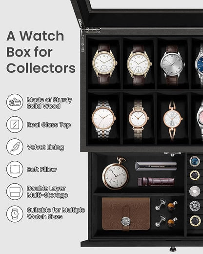 Uten 10-Slot Watch Box, 2-Layers Solid Wood Watch Display Case with Glass Lid, Watch Holder Organizer with Soft Pillow and Velvet Lining, Watch and Jewelry Storage Box, Black