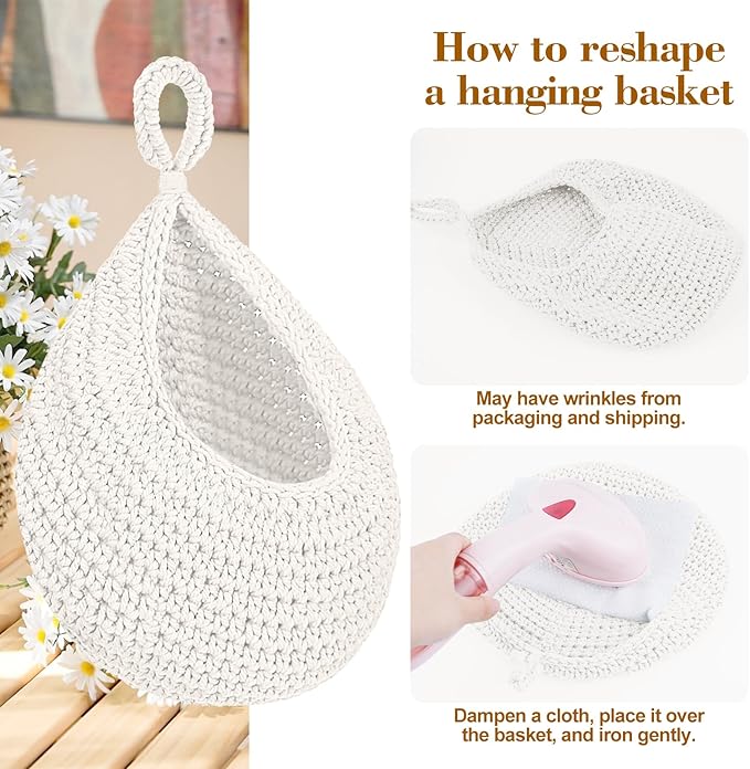 Boho Hanging Fruit Baskets for Kitchen with Hooks and Deco Flowers, 3 Pack handwoven Cotton hanging basket, Wall Basket for Vegetable Potato Onion Home Produce Storage (white)