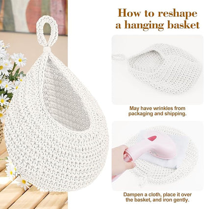 Boho Hanging Fruit Baskets for Kitchen with Hooks and Deco Flowers, 3 Pack handwoven Cotton hanging basket, Wall Basket for Vegetable Potato Onion Home Produce Storage (white)