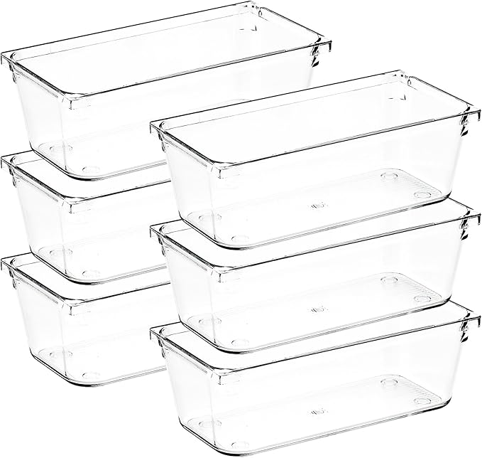 Ravinte Decor 6 Pack Drawer Organizer - 3" X 6" Clear Acrylic Storage Bins with Non-Slip Pads, Versatile Desk Tray for Makeup, Jewelry, Kitchen, Bathroom, and Office Organization