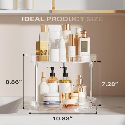 2 Pack 10.6-Inch 2 Tier Lazy Susan Organizer, 360 Degree Rotating Clear Turntable for Cabinet, Makeup and Perfume Organizer for Vanity, Kitchen, and Bathroom Counter Tray