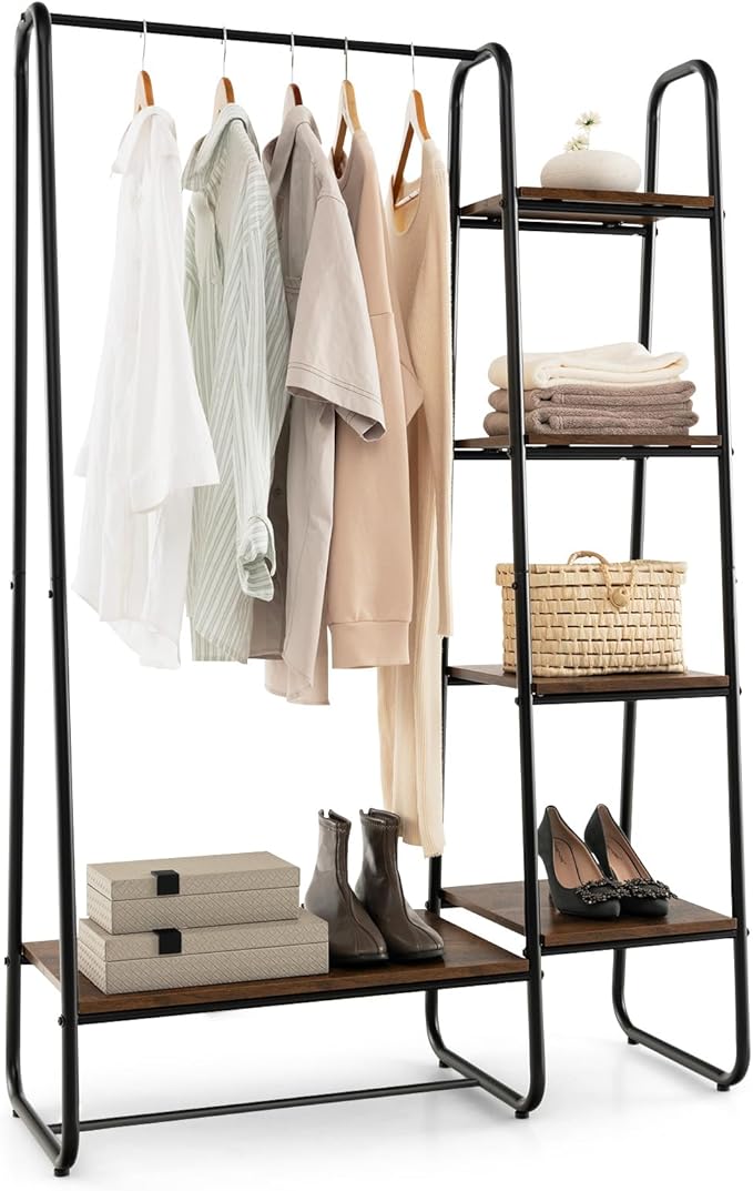 Tangkula Garment Rack with Shelves, Clothes Rack with 5 Shelves & Hanging Bar, Open Wardrobe for Hanging Clothes and Storage, Free Standing Closet Organizer, Clothing Rack for Bedroom Entryway