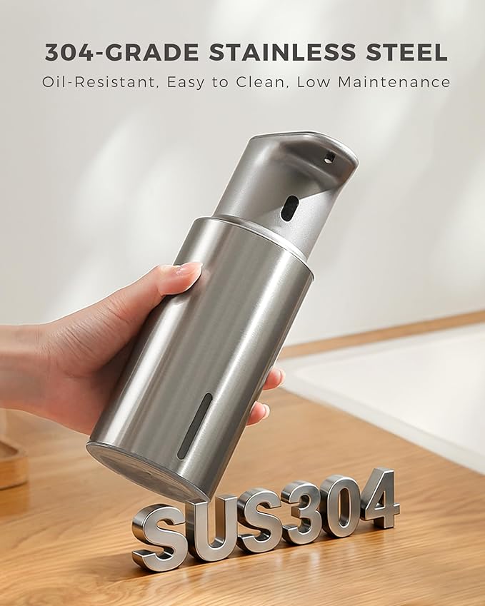 DODO MEKIA Automatic Liquid Soap Dispenser Touchless, 304 Stainless Steel Bottle Body &16.2oz/480ml Rechargeable, 3 Adjustable Liquid Levels, IPX7 Waterproof, for Kitchen Bathroom, Stainless Steel