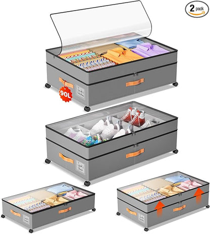 LYCDZT Under Bed Storage with Wheels, Large Capacity UnderBed Containers with Clear Lids, Shoe Organizer Under Bed Drawers, Rolling Under the Bed Storage for Clothes, Shoes, Blankets