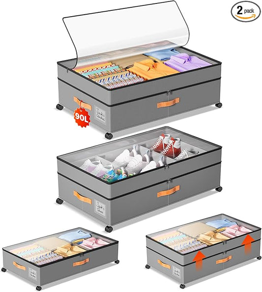 LYCDZT Under Bed Storage with Wheels, Large Capacity UnderBed Containers with Clear Lids, Shoe Organizer Under Bed Drawers, Rolling Under the Bed Storage for Clothes, Shoes, Blankets