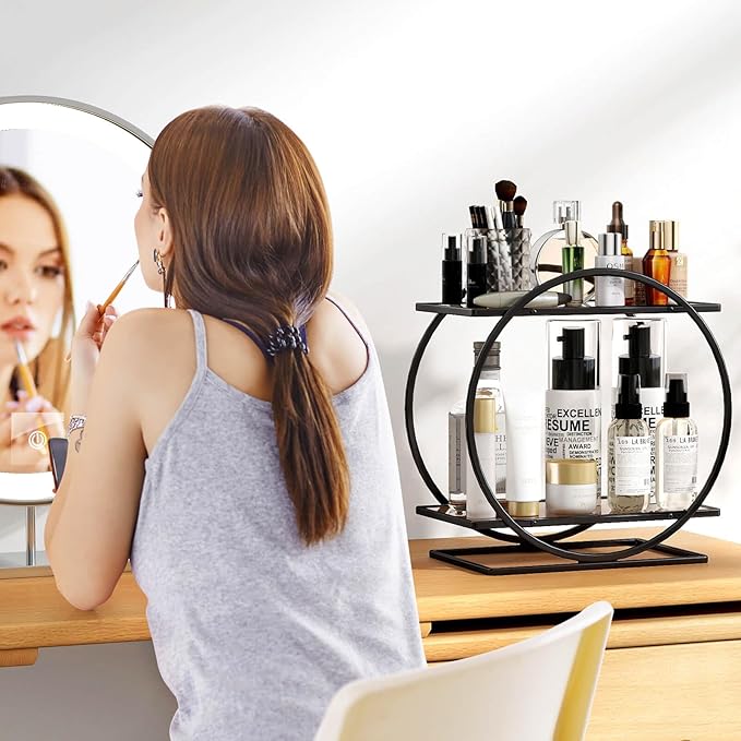 YIWANFW Perfume Organizer for Dresser, Black Bathroom Counter Organizer, 2 Tier Vanity Makeup Organizer, Bathroom Organizer and Storage for Skincare Cosmetic Perfume Display Stand for Bedroom Decor