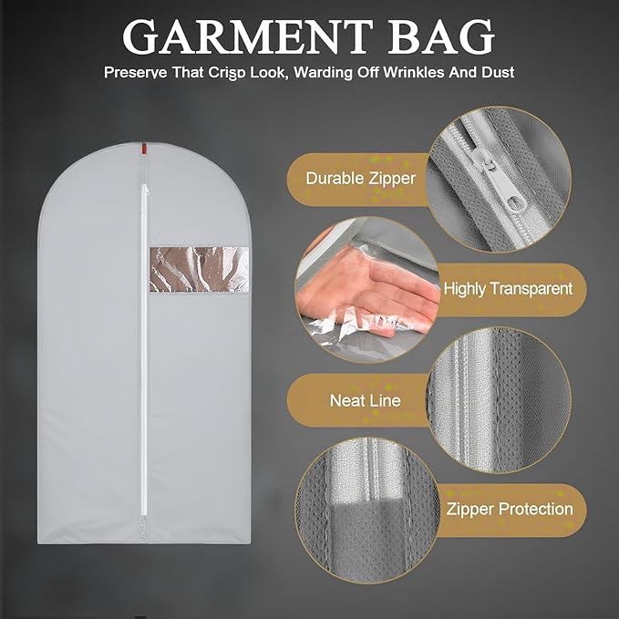 39-Inch Garment Bags Covers,Hanging Clothes Bag, Suit Cover Bags with Clear Window for Hanging Closet Clothes Storage and Travel (Gray-39Inch)