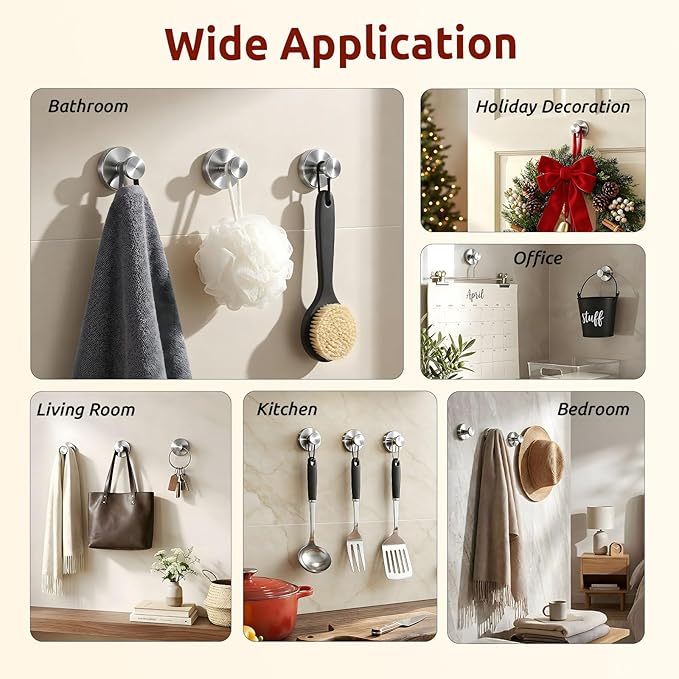 4 Packs Suction Cup Hooks for Shower, Heavy-Duty Wreath Hangers for Front Door, No Drill Glass Door Shower Suction Hooks No Damage for Walls Bathroom Kitchen Window Mirror Tile Towel Coat Robe Loofah