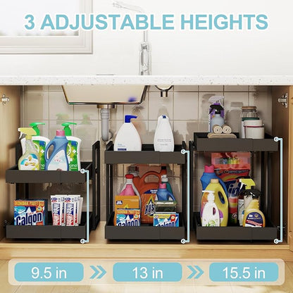 Golener 2-Tier Expandable Pull Out Cabinet Organizer - Pull-Out Drawers for Kitchen Cabinets, 2 Slide Home Storage Organizers, Slide Out Shelves for Base Cabinet Organization in Kitchen, Black Metal