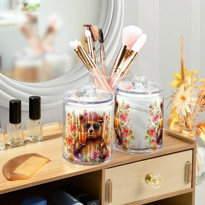 MNSRUU 4 Pack Qtip Holder Organizer Dispenser Animal Bears Pink Bathroom Storage Canister Cotton Ball Holder Bathroom Containers for Cotton Swabs/Pads/Floss