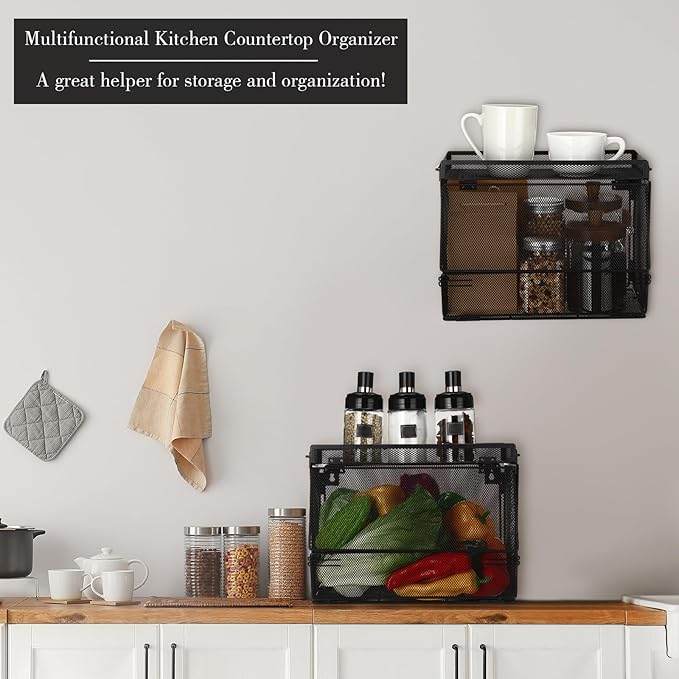 2 Pcs Stackable Mesh Fruit Basket with Lid Wall Produce Vegetable Storage Basket Onion Potato Snack Hanging Metal Wire Container for Kitchen Counter Pantry(Removable,Black,7.1" w & 11.8" l)