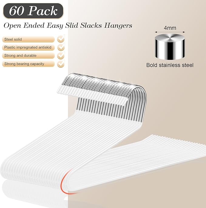 Treela 60 Pack Open Ended Pants Hangers, Metal Non Slip Hangers, Anti Rust Chrome Rubber Coating Slack Jeans, Heavy Duty Space Saving for Trousers Slacks Skirts (White)