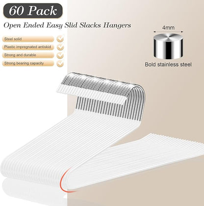 Treela 60 Pack Open Ended Pants Hangers, Metal Non Slip Hangers, Anti Rust Chrome Rubber Coating Slack Jeans, Heavy Duty Space Saving for Trousers Slacks Skirts (White)